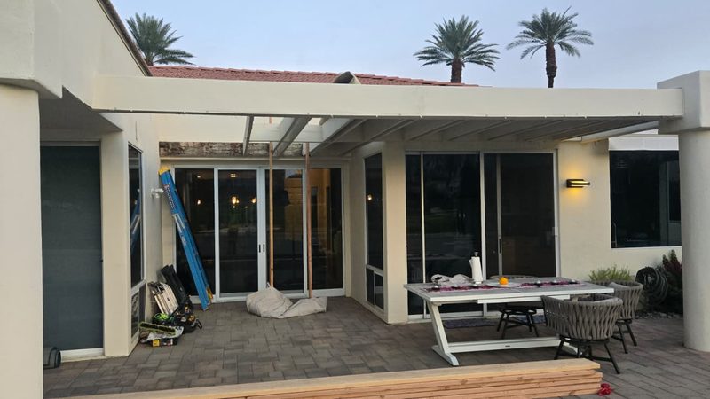 Patio cover rebuild in progress temporary shoring Palm Desert