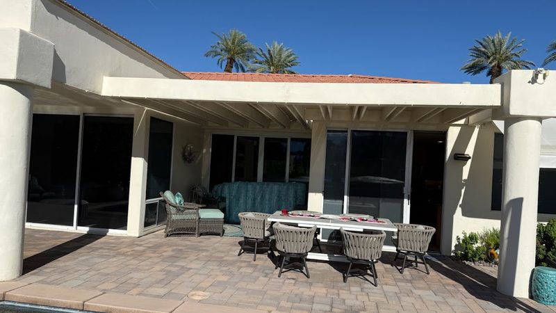 Completed patio cover close up clean white beams Palm Desert